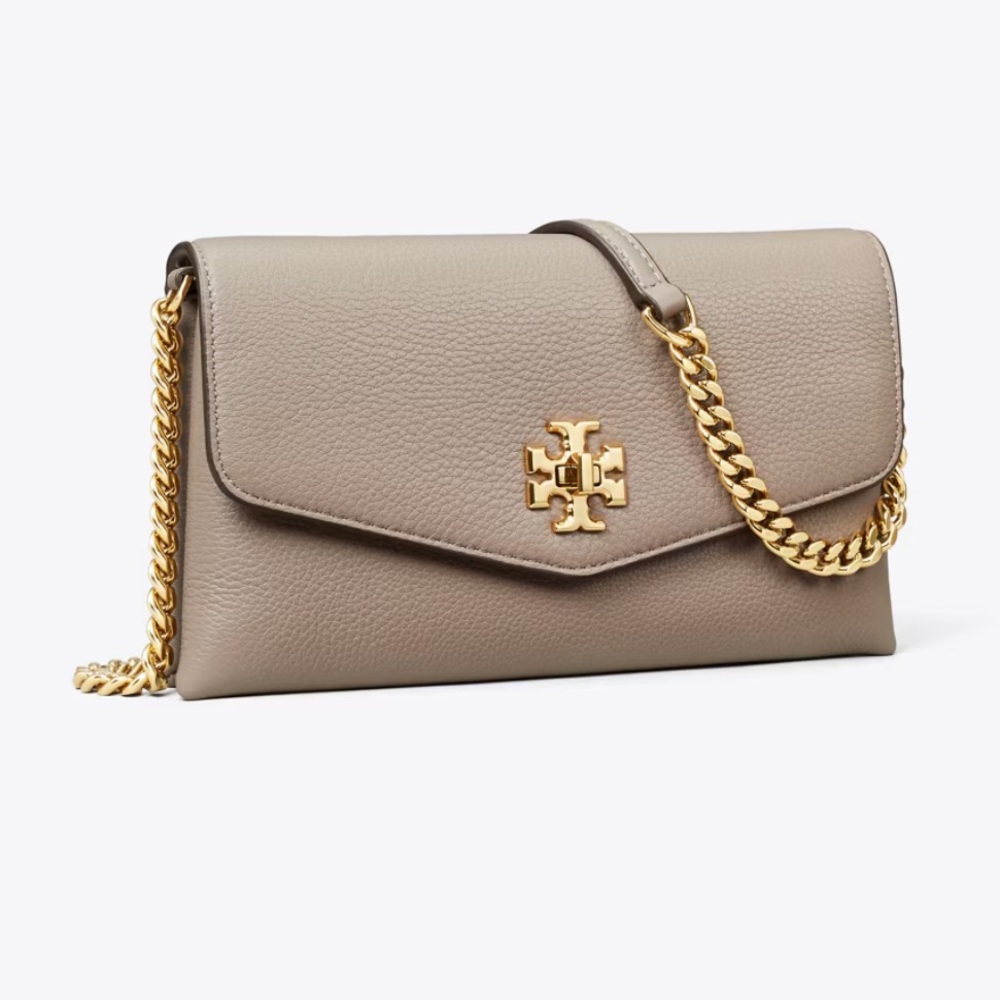 Tory Burch Kira Pebbled Chain Wallet Gray Heron Leather Chain Shoulder Bag